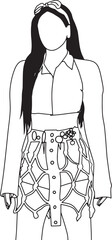 Black and white artistic line drawing portraying a trendy woman in fashionable attire. The image emphasizes modern style and creativity, showcasing elegance and style in a minimalist design.