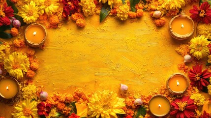 Festive arrangement of vibrant Hindu devotional items with diyas and flowers on a yellow background creating an inviting celebration atmosphere