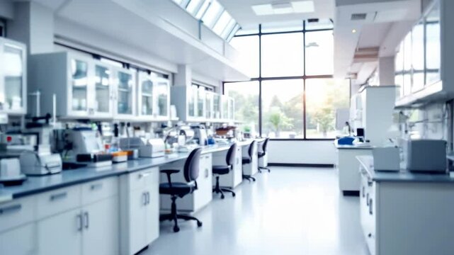 Modern medical research laboratory interior with advanced equipment and workstations. Clean professional environment for scientific studies and healthcare innovation