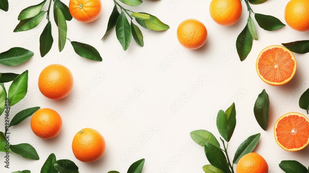 Aufkleber fresh oranges and citrus fruits with green leaves arranged on a white background creating a vibrant 