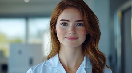 Fototapeta premium Healthcare professional in a medical setting showcasing confidence and approachability in a modern clinic environment.