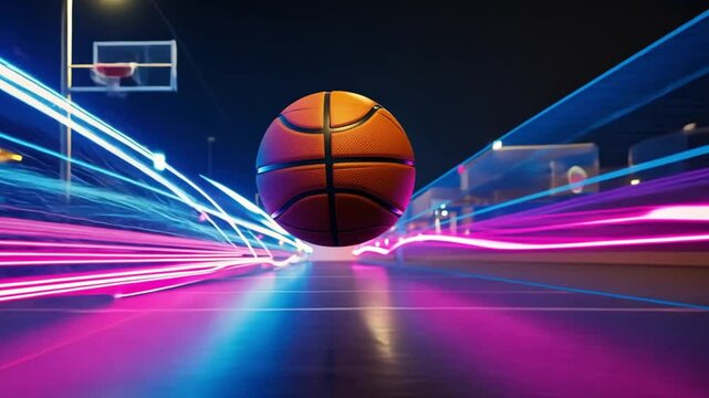 The basketball bounces at extreme speeds, creating warp trails and motion blur streaks in neon pink, blue, and violet, giving a hyper-speed futuristic feel
