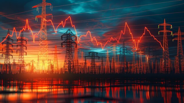 Dynamic energy stock market graph with accordion design and electric power line background