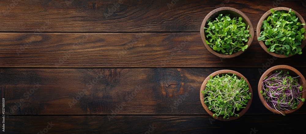 Poster fresh organic microgreens in bowls on wooden surface with ample copy space for text in a rustic sett