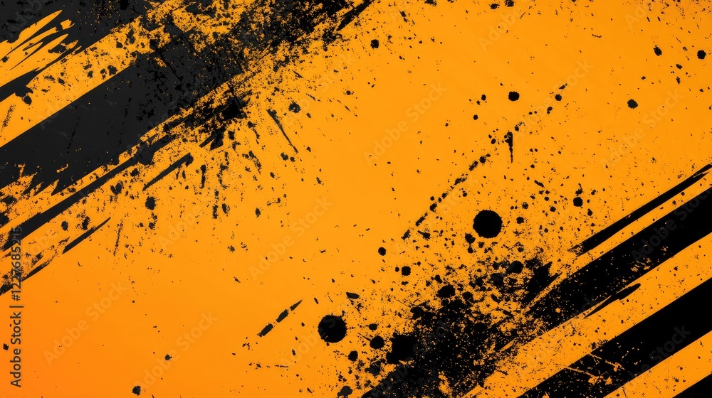 Poster dynamic orange and yellow grunge background with abstract black splashes for creative design use