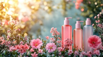 Pastel cosmetic bottles among blooming flowers creating a serene nature-inspired backdrop ideal for advertising and promotional displays