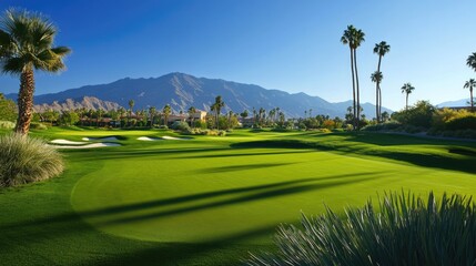 Obraz premium Stunning golf course landscape featuring lush greens, manicured driving range, and vibrant palm trees under a clear blue sky