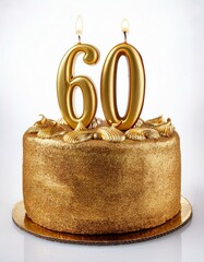 Decorated gold cake for birthday or anniversary party, candle number 60, white background