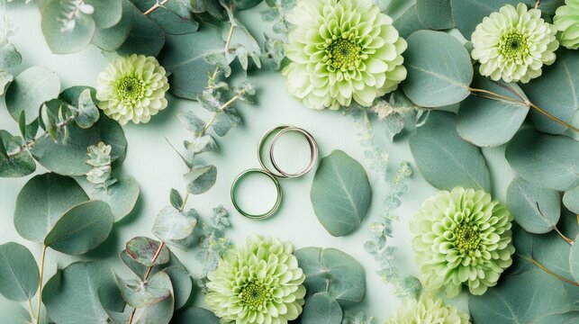 Green wedding rings surrounded by spring flowers and foliage on a soft green background representing a festive wedding theme.