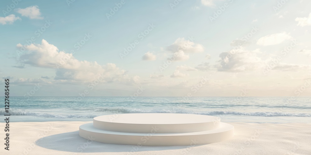 Poster minimalist circular podium on a serene beach setting ideal for product display with ample empty spac