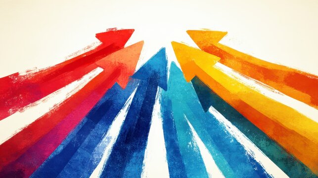 Abstract illustration of colorful arrows converging toward a central point, suggesting growth, progress, or unity. The textured style evokes a