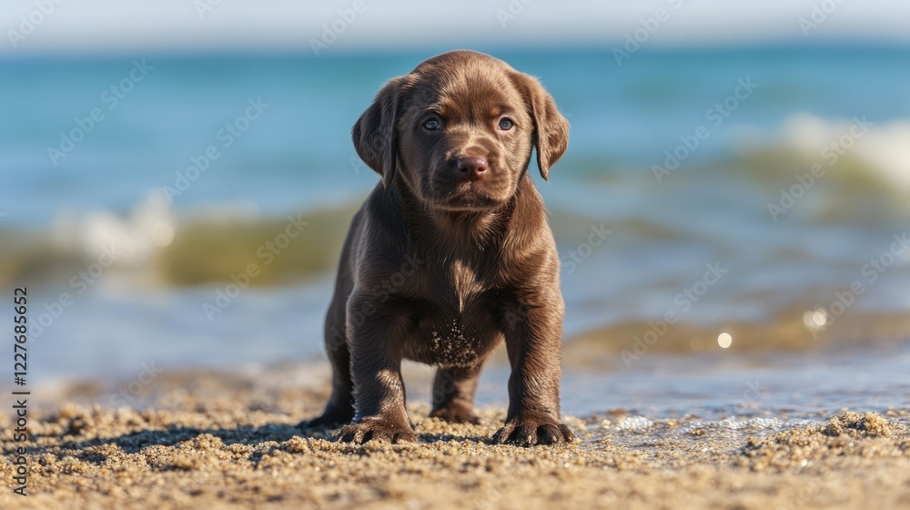 Poster chocolate labrador retriever puppy at the beach warm friendly expression close-up portrait with empt
