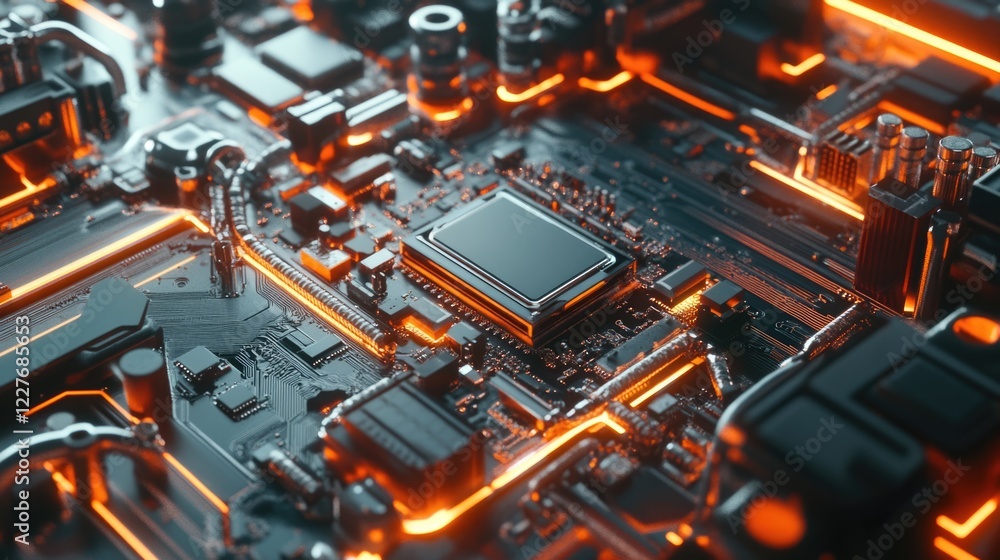 Poster quad core cpu with reflective surface integrated into a high-tech motherboard showcasing glowing cir