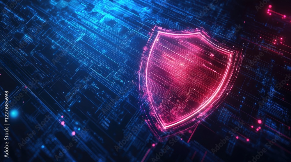 Poster cybersecurity shield with digital data protection light trails in background representing high-speed
