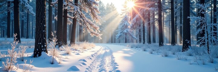Frosty morn creates a tranquil landscape of snow-covered pines and forest floor, frosty, peaceful, floor