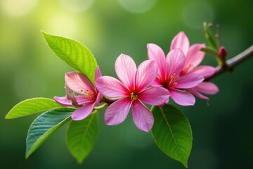 Obraz premium Fragrant pink flowers on a glossy green leafy branch, nature, plant