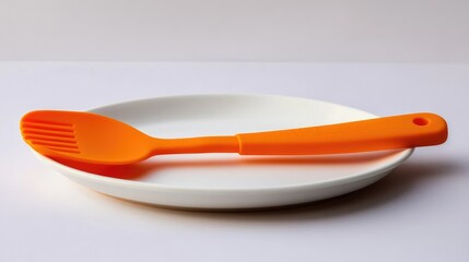 Vibrant Orange Silicone Spatula Positioned on a White Plate for Kitchen Use and Culinary Preparation