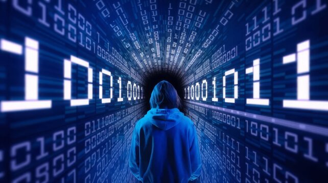 Person Walking Through a Tunnel of Glowing Binary Code Data Streams, Symbolizing Digital Transformation, Cyber security, and the Future of Technology.
