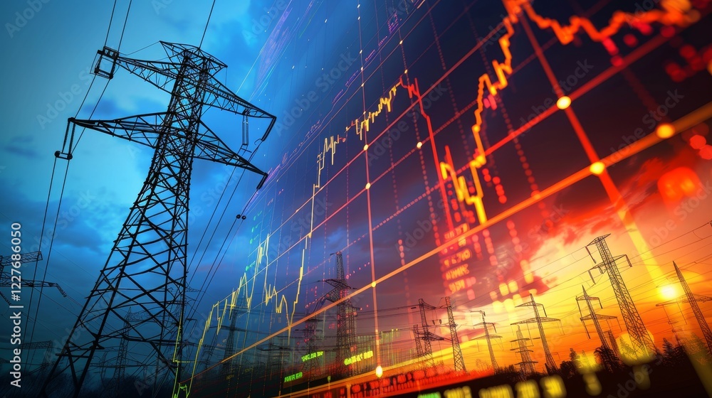 Aufkleber dynamic stock market graph with electric power line backdrop in accordion style design