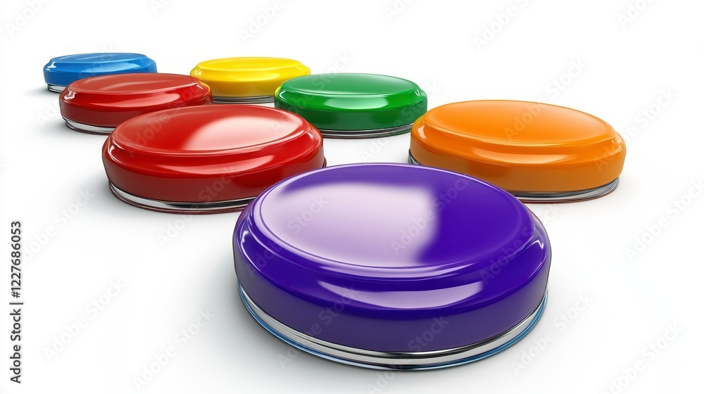 Poster colorful glossy buttons arranged in a diagonal line on a white background. the buttons are various c