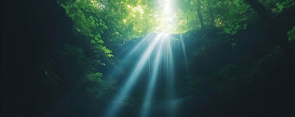 Obraz premium Sunbeams Illuminate Jungle Waterfall