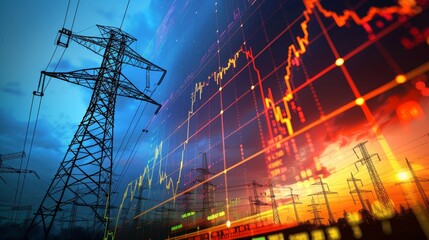 Dynamic stock market graph with electric power line backdrop in accordion style design