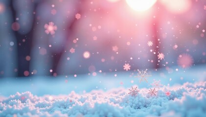 Fototapeta premium Delicate pink snowflakes fall gently on a frosty winter background, soft focus, snowfall effect