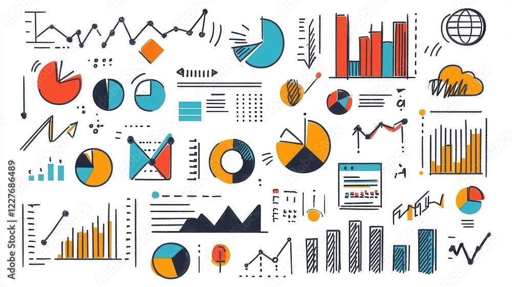 Poster colorful infographic elements are shown on a white background. various charts, graphs, and data visu