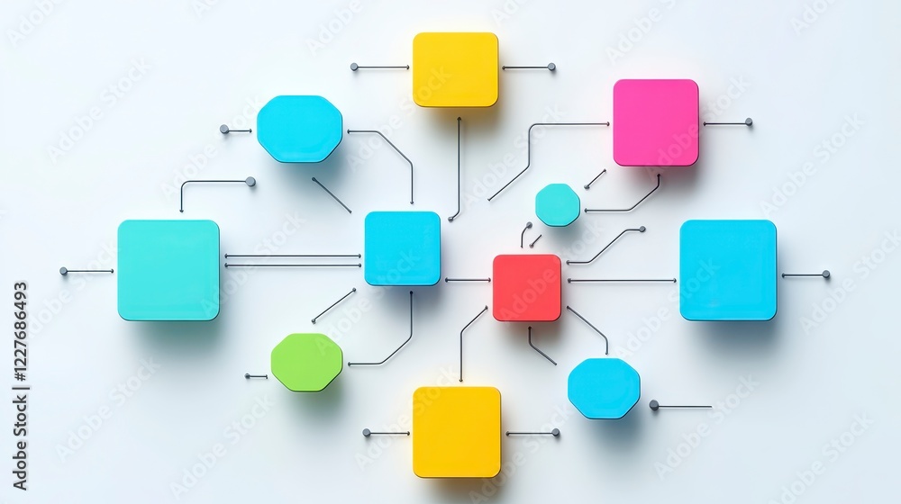 Poster abstract network concept image featuring colorful interconnected square and circular shapes on a whi