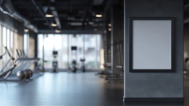 Panoramic Mockup Frame in Modern Gym Setting for Customized Poster Designs with Blurred Background