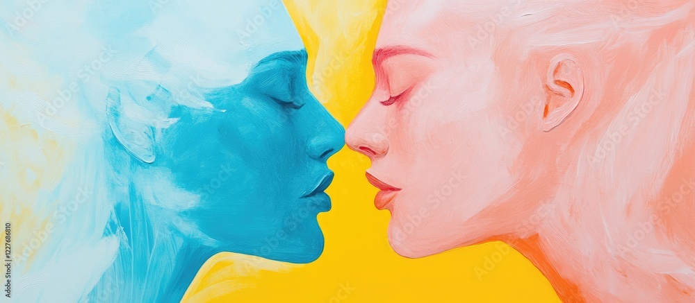 Poster abstract minimalistic artwork depicting gender fluidity and non-binary identity with colorful faces 