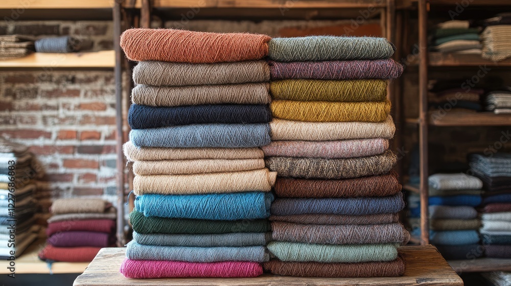 Poster colorful wool threads neatly stacked in an artsy display highlighting texture and variety