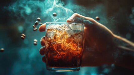 Cool Guy Enjoying Cold Brew Coffee with Roasted Beans and Ice on a Hot Monday Morning with Atmospheric Background Smoke