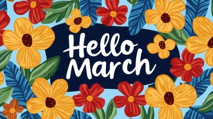 Hello march colorful background. A vibrant floral illustration featuring the phrase "Hello March," celebrating the arrival of spring with colorful flowers and green leaves.