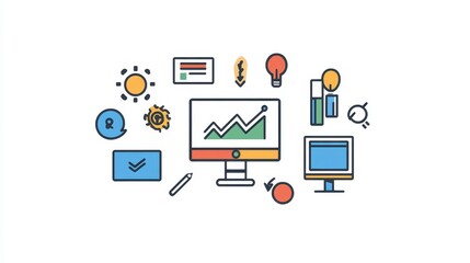 Fototapeta premium Pixel art illustration depicting business concepts, including growth charts, computers, and various icons representing ideas and innovation. Bright