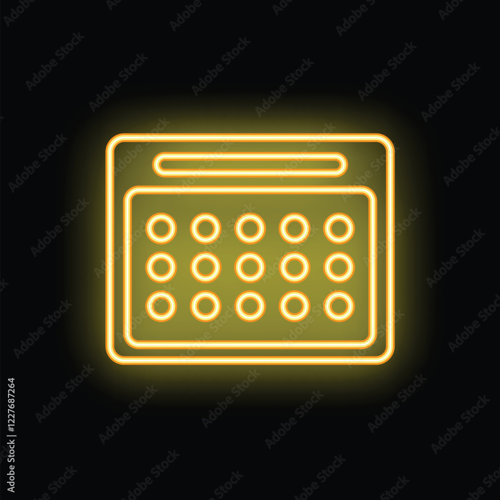 Poster neon yellow calendar icon glowing on black background representing scheduling and planning concepts