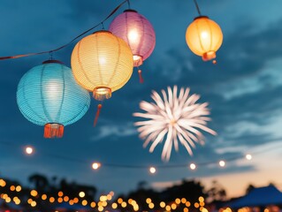 Obraz premium Colorful Lanterns with Fireworks in the Background Celebrating Night