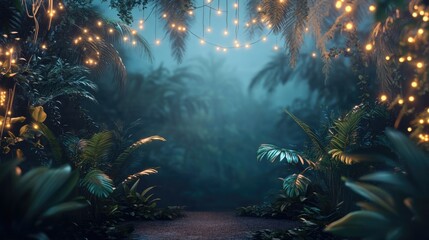 Obraz premium Tropical jungle illuminated by fairy lights at twilight offering a serene and magical landscape with ample space for text placement