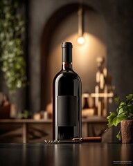 Elegant red wine bottle on a wooden table.