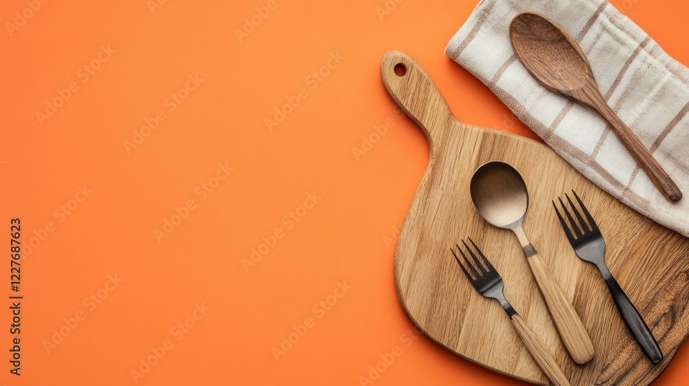 Poster wooden serving board cutlery and napkin on vibrant orange background with ample empty space for text