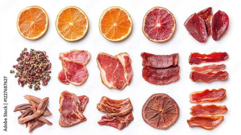 Poster assorted dried meats and citrus slices arranged neatly on white background for culinary presentation