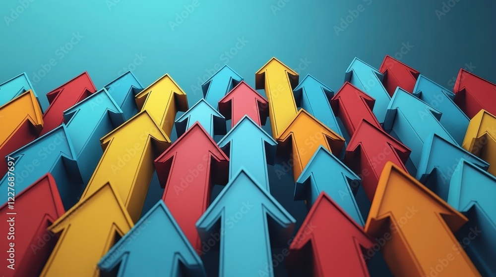 Poster multicolored upward arrows in a 3d rendering with a blue background. this image depicts growth, succ