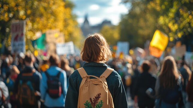 Climate protest scene highlighting environmental awareness with plant-based elements and a diverse crowd advocating for sustainability.