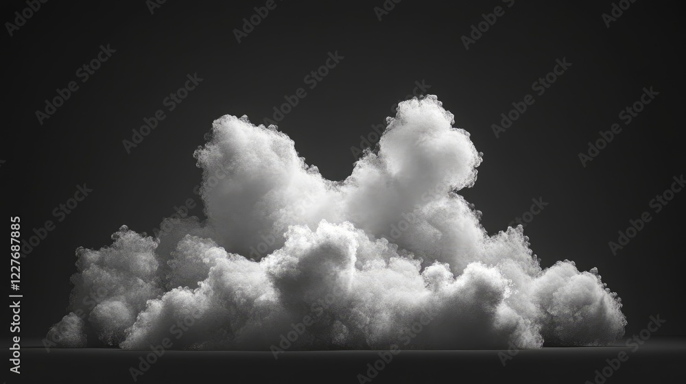 Poster realistic depiction of a dense gray cloud with intricate details and soft texture set against a dark