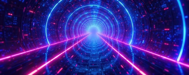 Fototapeta premium Blue and Purple Laser Tunnel with Iridescent Colors, futuristic, shimmering