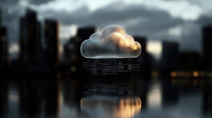 Innovative cloud technology concept against urban skyline, showcasing advanced digital solutions for modern business efficiency and seamless connectivity.