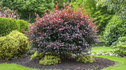 Photinia Red Robin vibrant evergreen shrub showcasing lush red foliage in a beautifully landscaped garden setting
