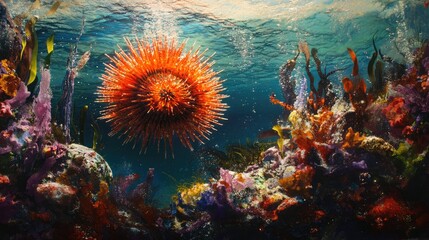 Vibrant Orange Sea Urchin Surrounded by Colorful Coral and Marine Life in Underwater Ecosystem