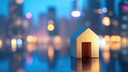 Real estate concept wooden house model with city skyline bokeh in background symbolizing investment and urban living opportunities
