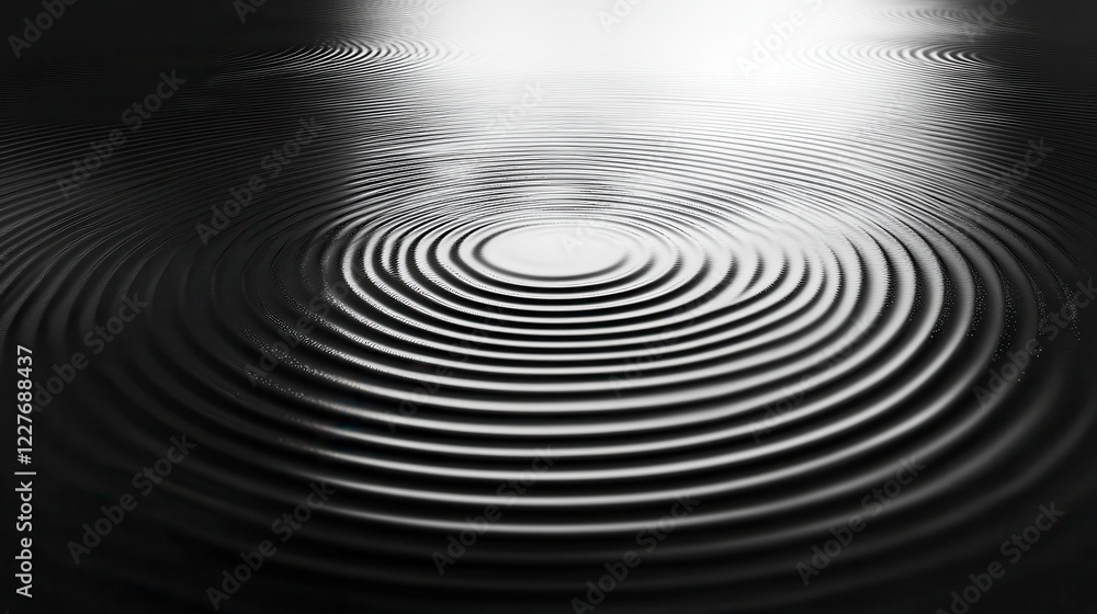 Poster abstract grayscale image depicting concentric ripples expanding from a central point on a dark surfa